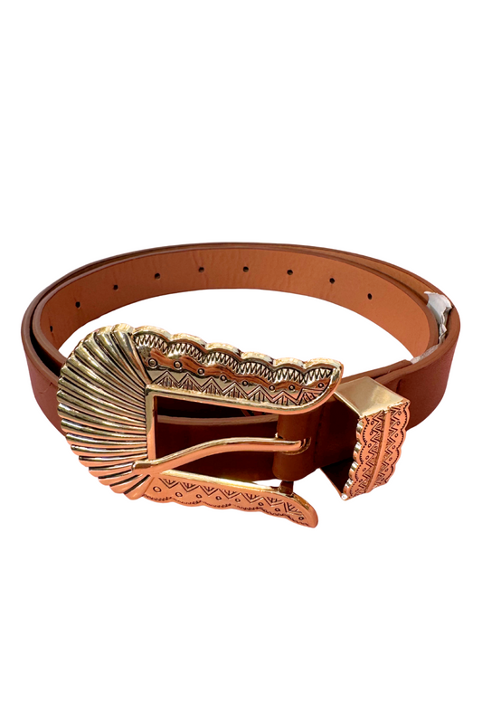 Cognac Ribbed Engrave Western Buckle Belt