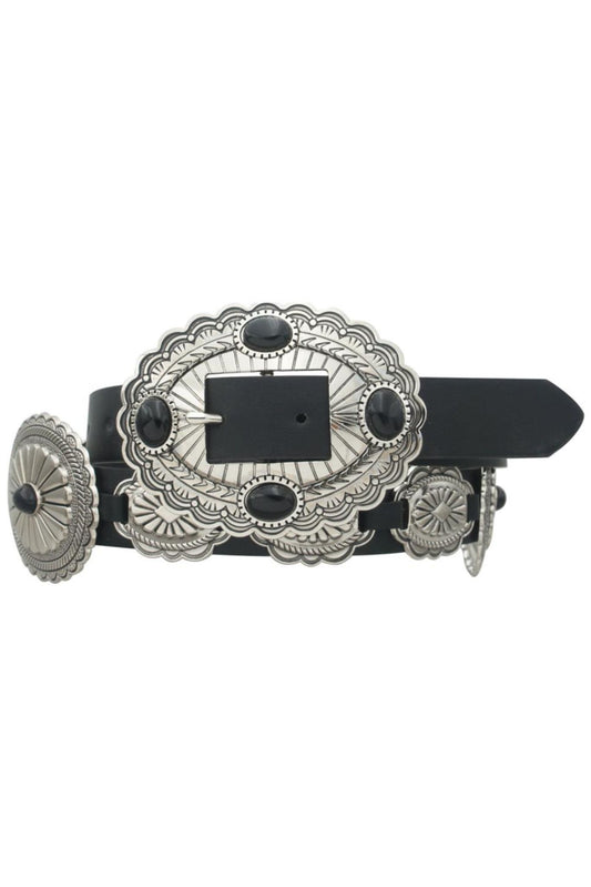 Black Stone Accent Concho Embellished Strap Belt
