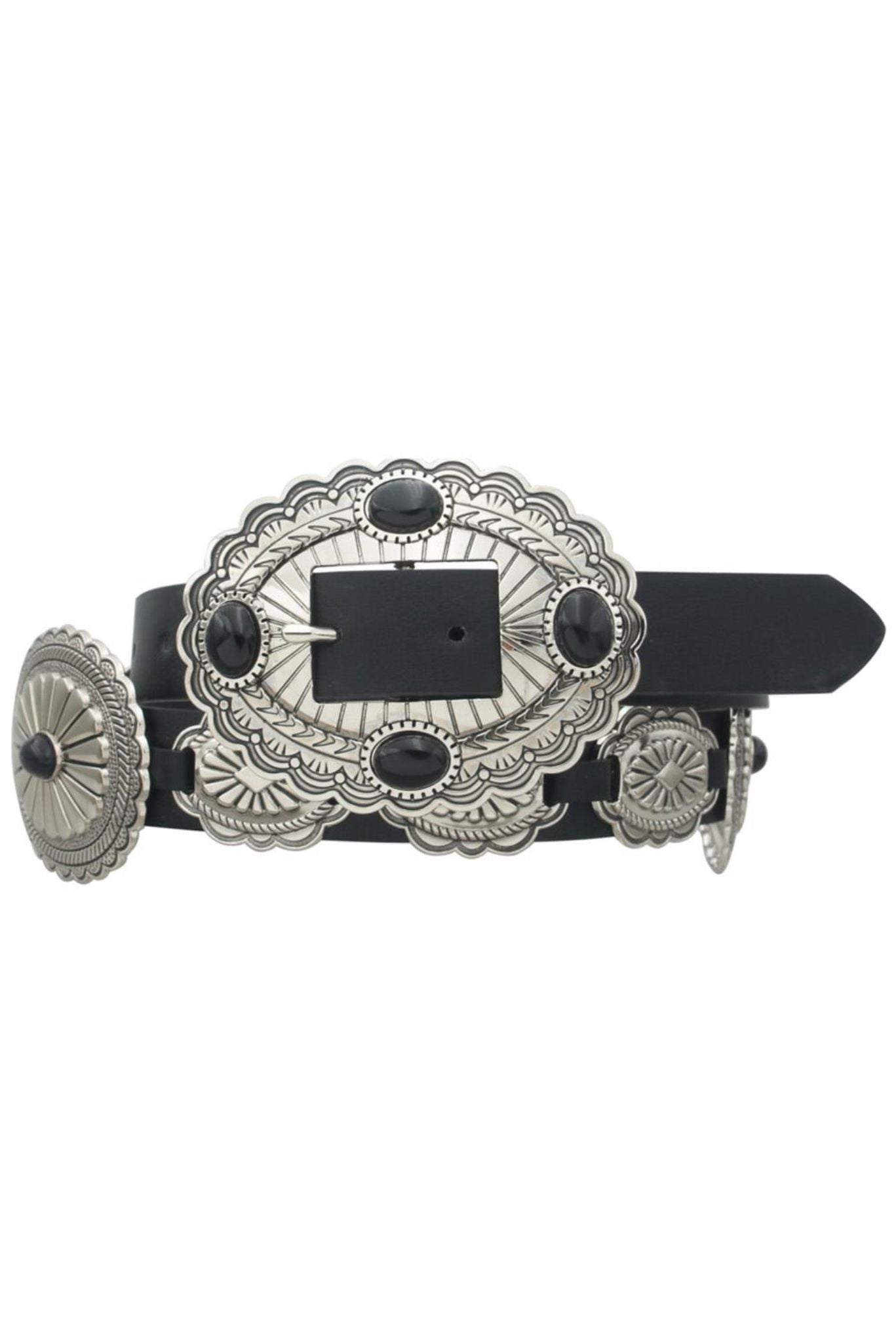 Black Stone Accent Concho Embellished Strap Belt