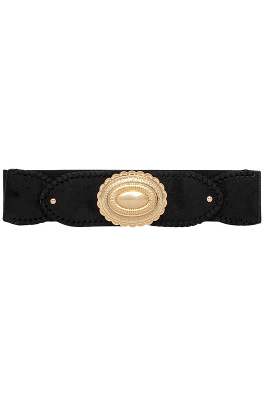 Black Oval Metal Buckle Elastic Belt