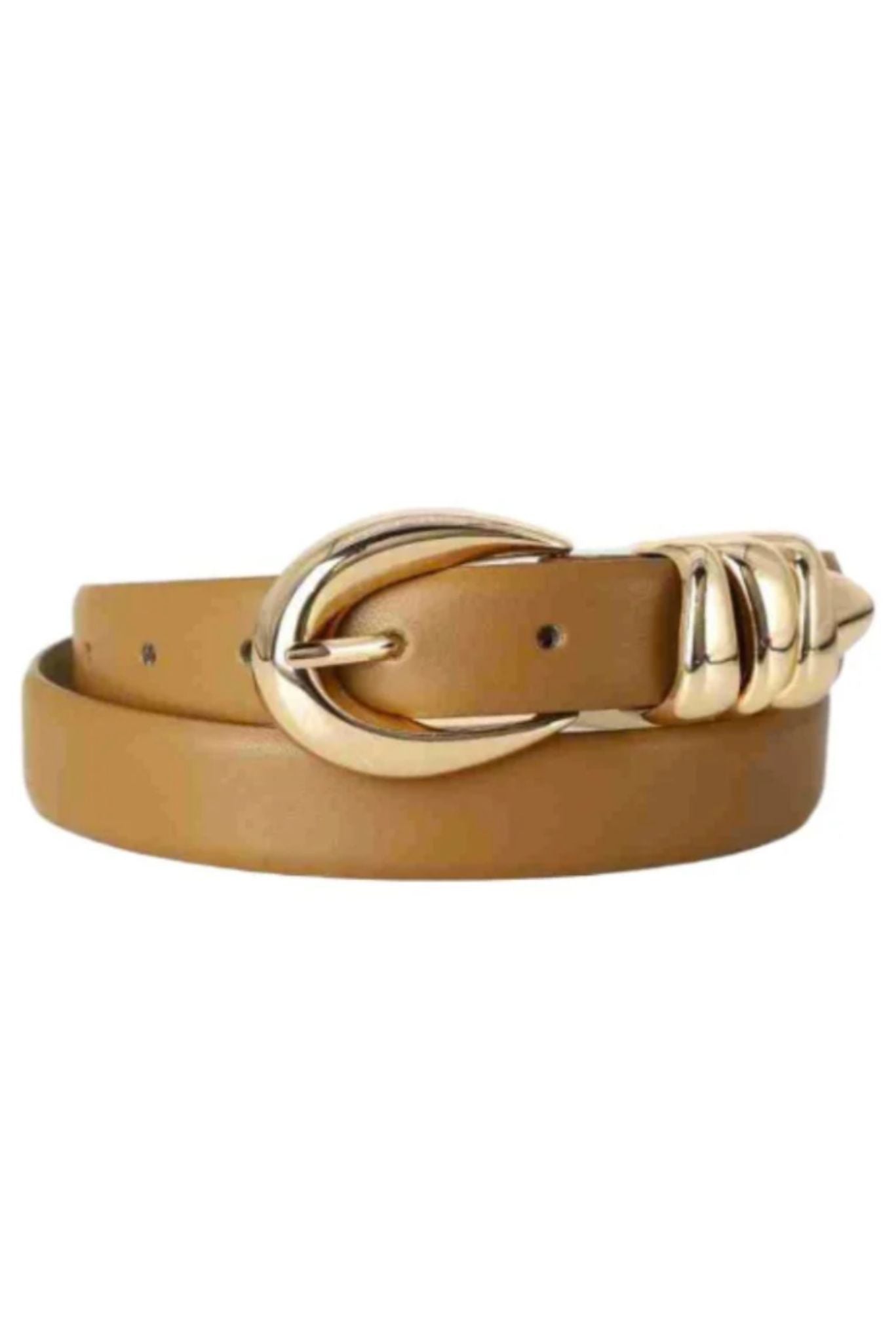 Brown Leather Gold Stack Buckle Belt