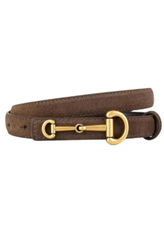 Brown Suede Skinny Horsebit Belt