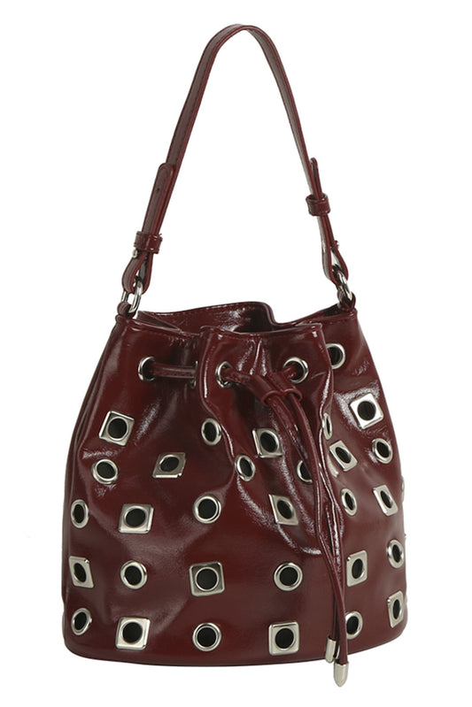 Red Studded Drawstring Bucket Bag