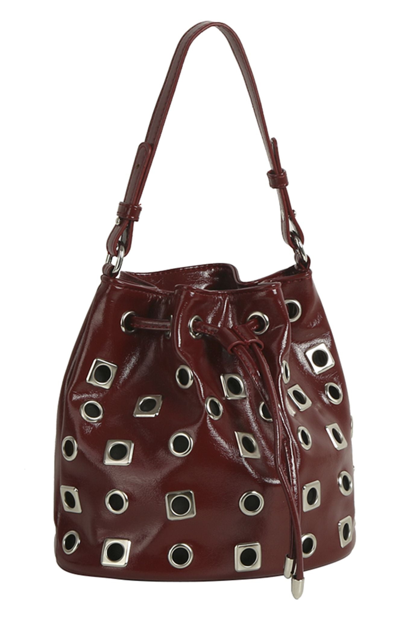 Red Studded Drawstring Bucket Bag