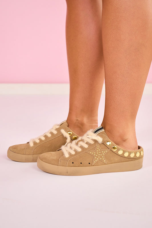Shu Shop Camel Suede Studded Slip On Mule Sneakers