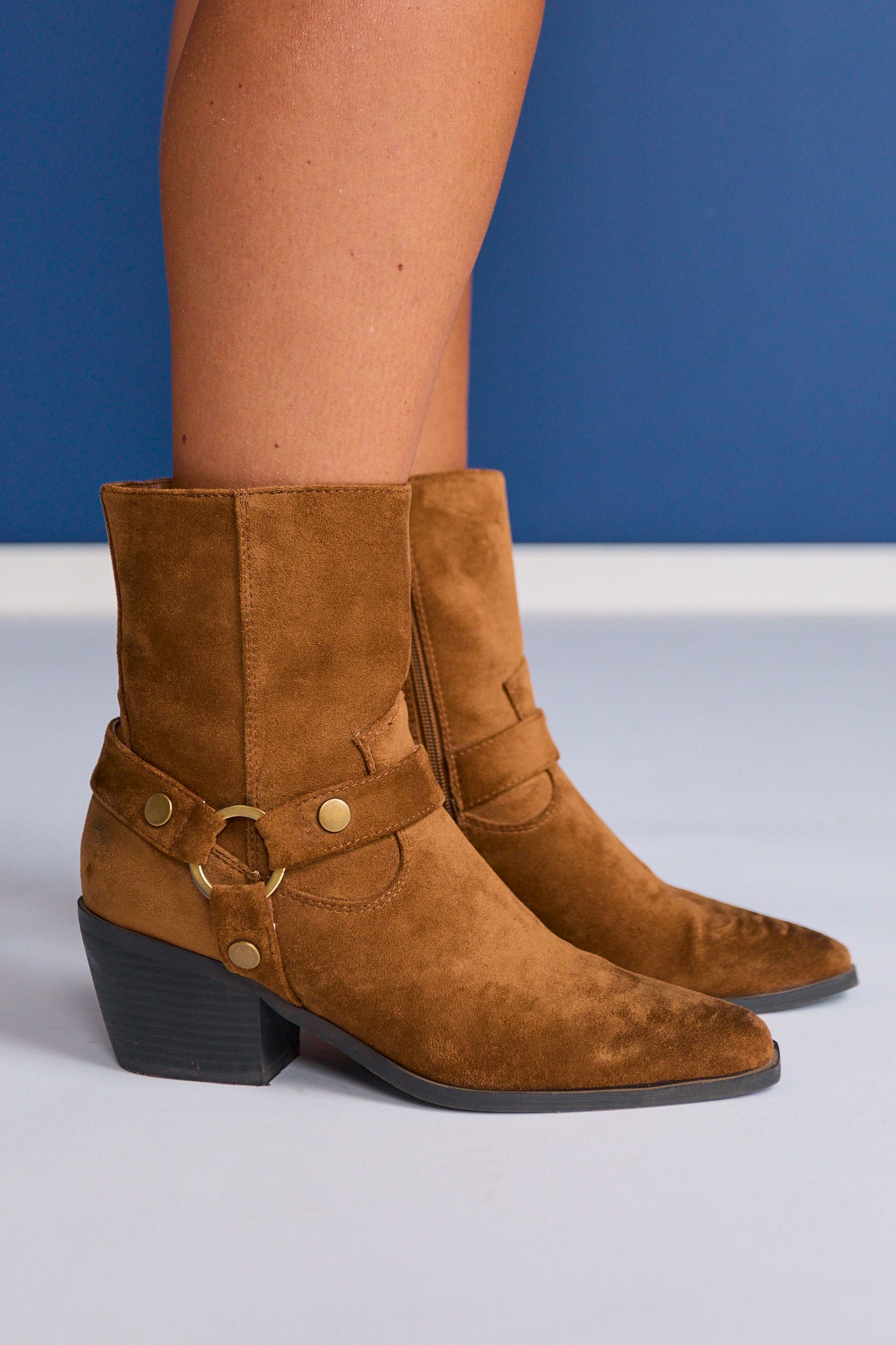 Tan Faux Suede Harness Boots