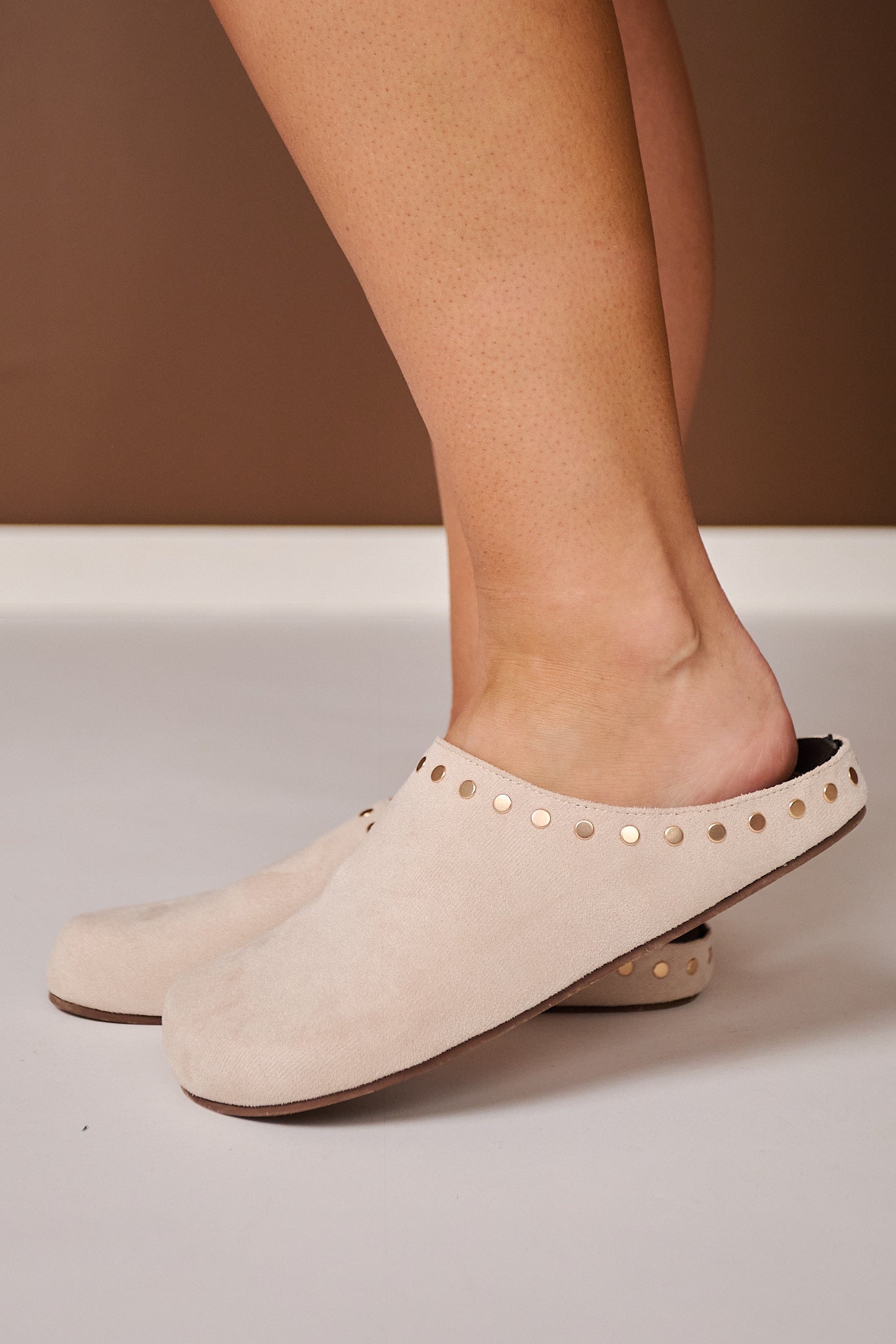 Beige Faux Suede Studded Mule