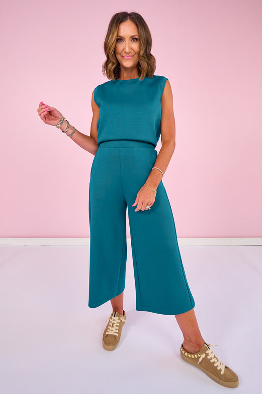 SSYS Flat Front Air Wide Leg Cropped Pants In Teal