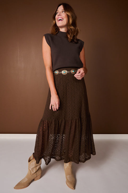 SSYS Malina Lace Mesh Maxi Skirt In Dark Brown