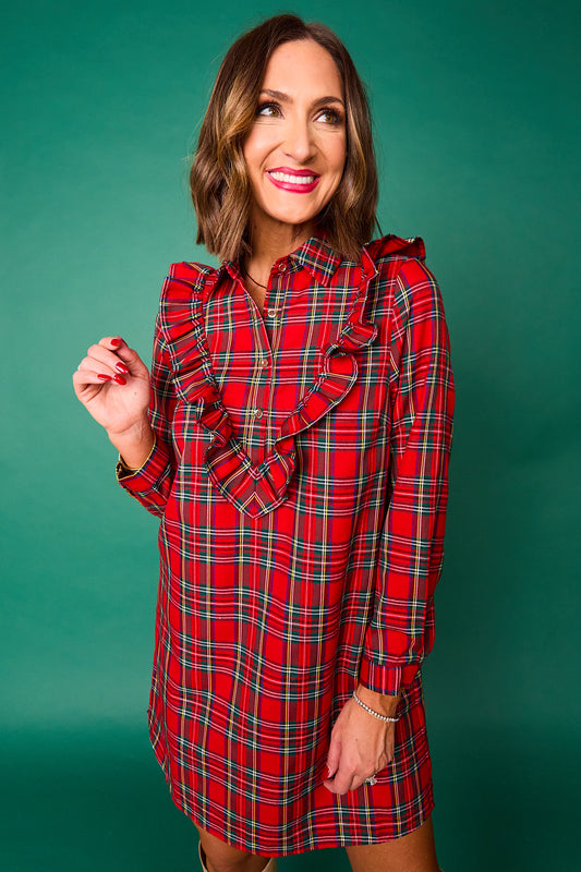 SSYS Finley Ruffle Detail Dress In Red Tartan