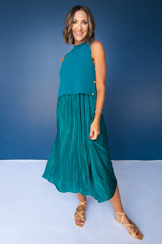 SSYS Samantha Pleated Twofer Midi Dress In Hunter