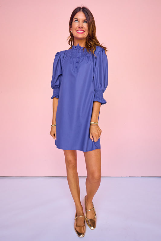 SSYS Maren Smocked Short Sleeve Dress In Dark Cobalt