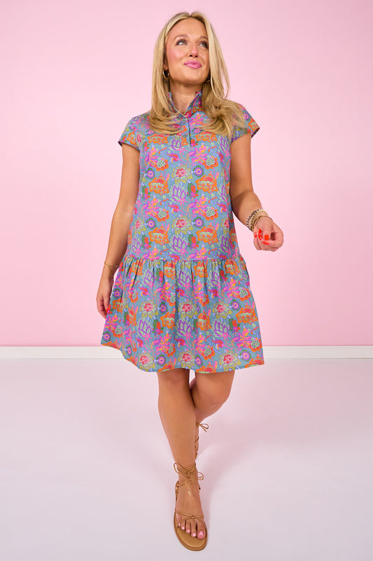 SSYS Alissa Short Sleeve Poplin Printed Ruffle Dress In Retro Garden