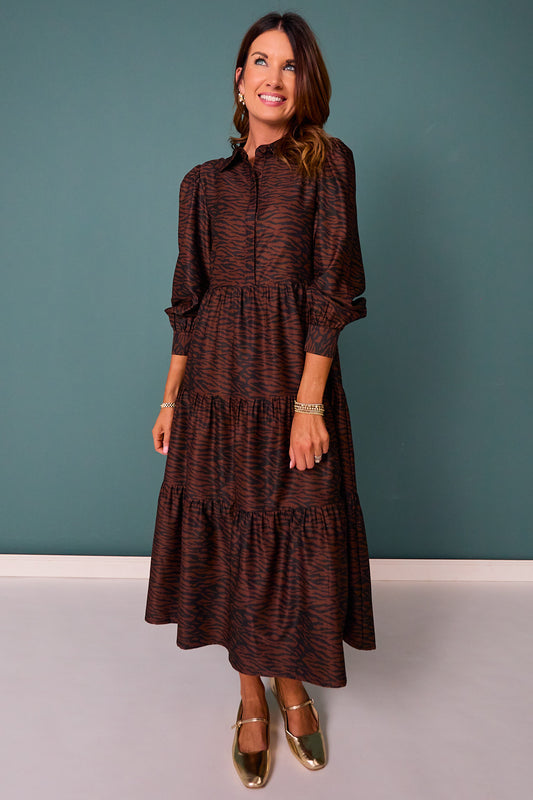 SSYS Emery Long Sleeve Dress In Brown Striped Animal