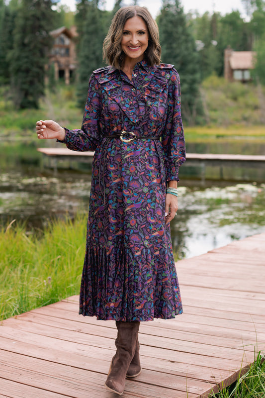 SSYS Iliana Ruffle Detail Long Sleeve Maxi Dress In Plum Botanical