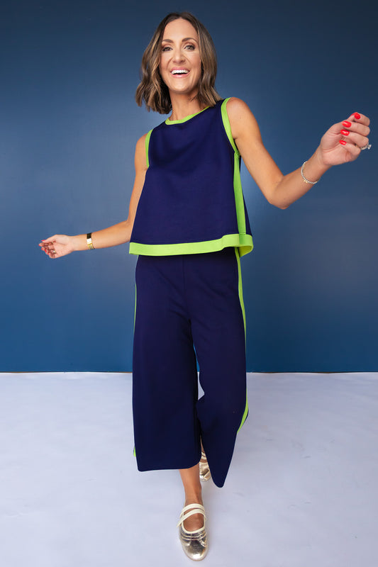 SSYS Colorblock Sleeveless Top with Crop Pants Air Set in Navy and Matcha