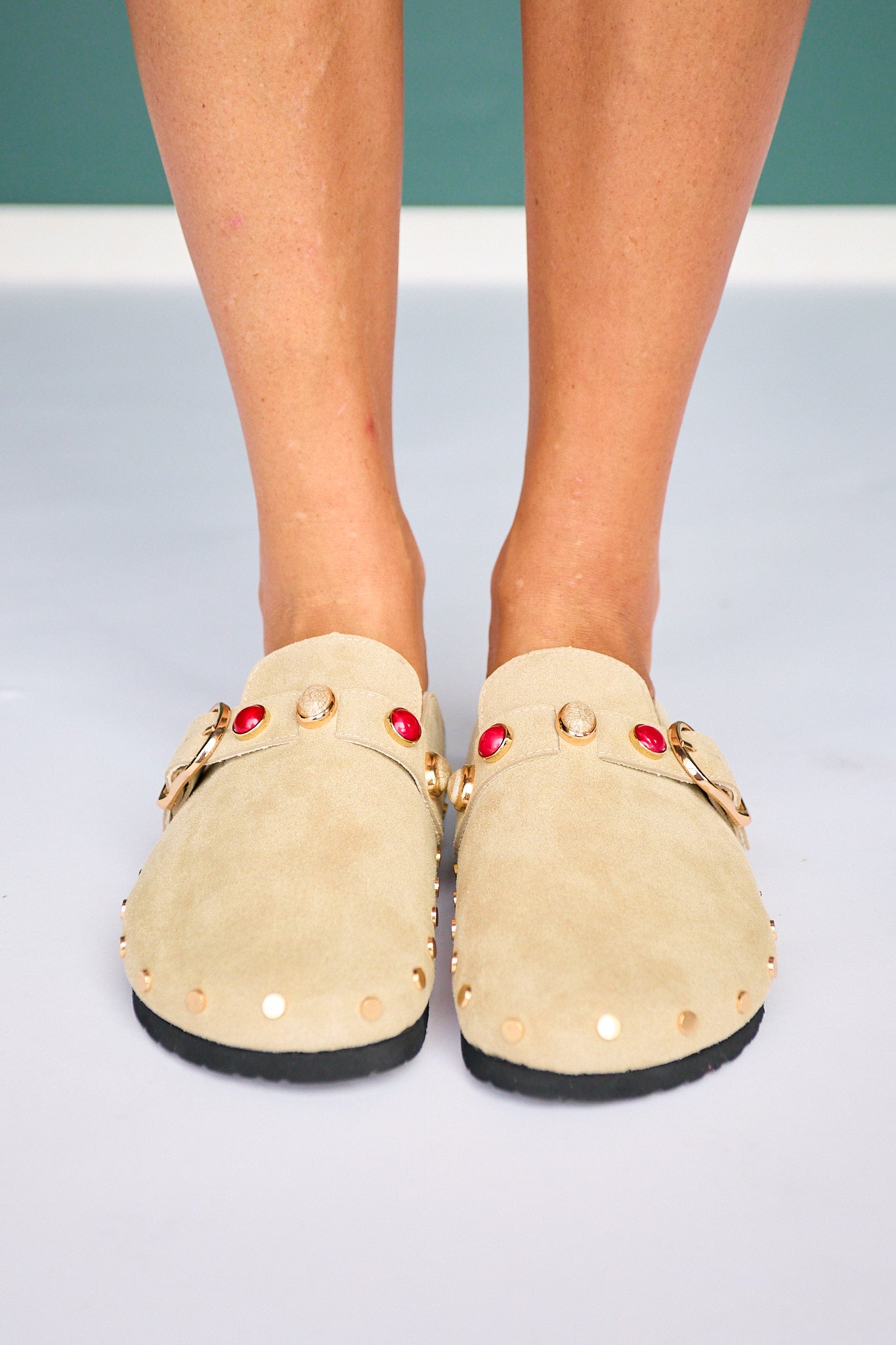 Shu Shop Beige Suede Studded Clog Mule With Buckle