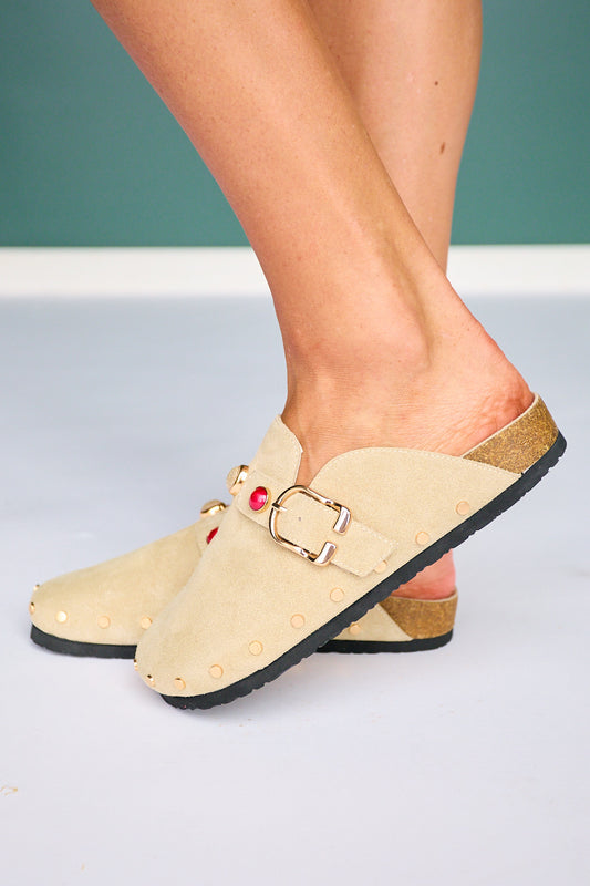 Shu Shop Beige Suede Studded Clog Mule With Buckle