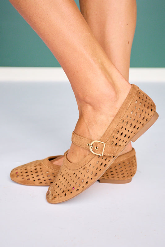 Tan Perforated Mary Jane Flats