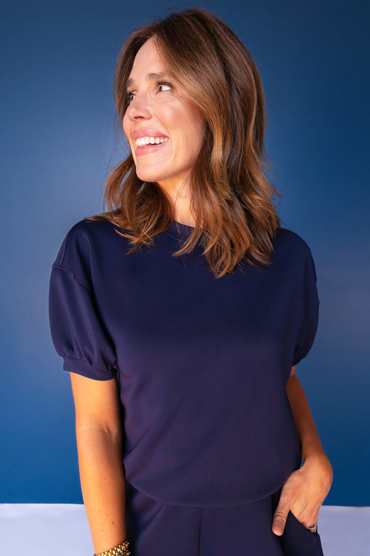 SSYS Crew Neck Short Sleeve Scuba Top In Navy