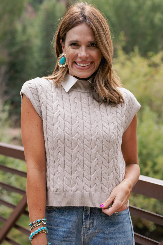 SSYS Giselle Cap Sleeve Cable Knit Mock Neck Sweater In Taupe