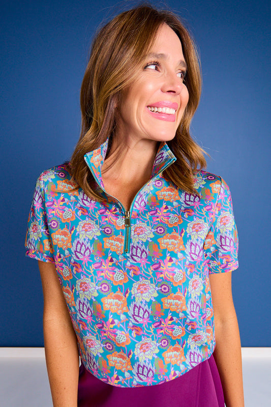 SSYS Scuba Short Sleeve Zip Up Top In Electric Floral
