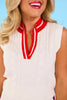 SSYS Ivory and Red Varsity Stripe Contrast Cable Knit Sleeveless Sweater