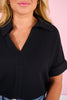 SSYS Harlie Short Sleeve Collared V Neck Waffle Knit Top in Black