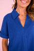 SSYS Harlie Short Sleeve Collared V Neck Waffle Knit Top in Dark Blue