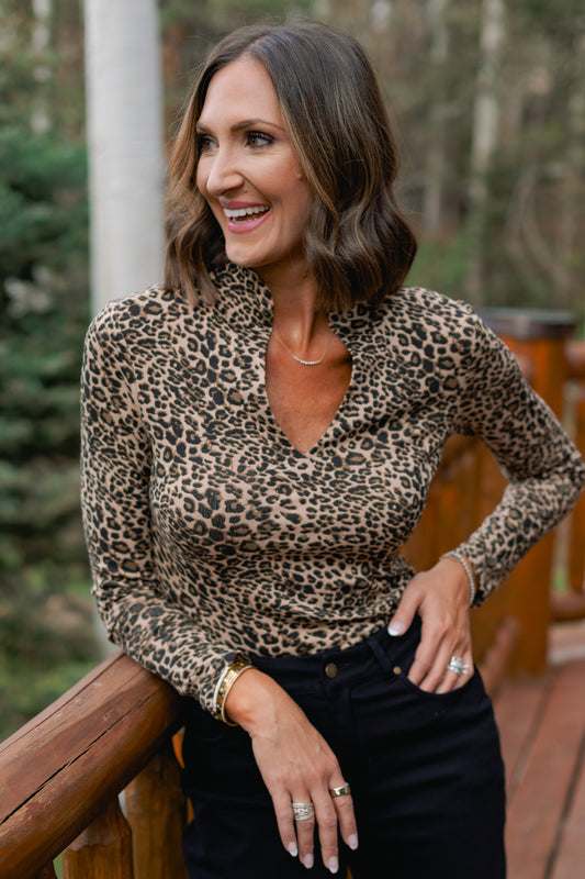 SSYS Elle High Neck Long Sleeve Top In Animal