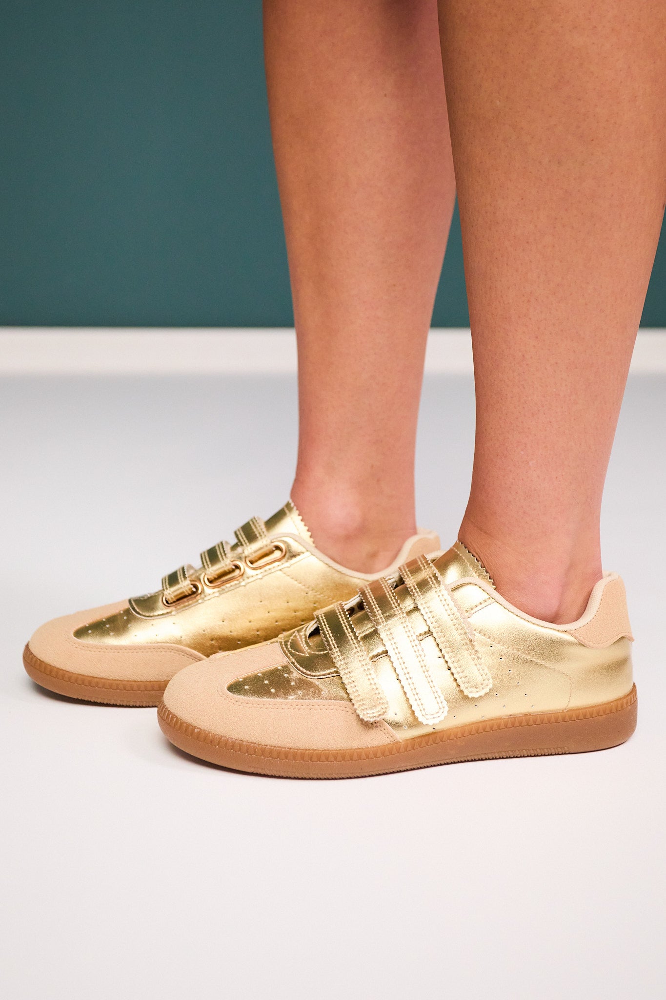 Gold Velcro Strap Sneakers