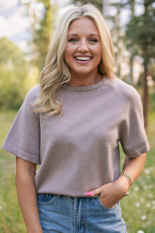SSYS Aveline Short Sleeve Slouch Sweater In Heathered Taupe