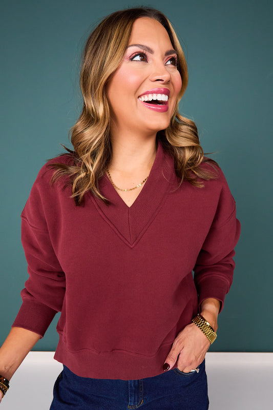 SSYS Lara V Neck Fleece Lined Cropped Sweatshirt In Maroon