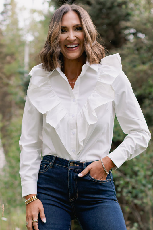 SSYS Finley Long Sleeve Ruffle Detail Top In White