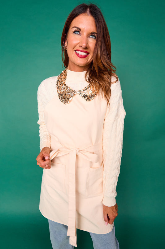 SSYS Hostess Apron with Gold Sequin Collar In Cream