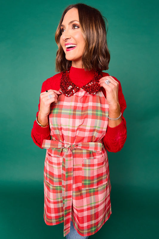 SSYS Hostess Apron with Red Sequin Collar In Red Tartan