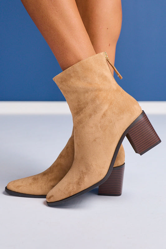 Tan Suede Block Heel Ankle Boots