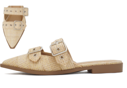 Natural Raffia Pointed Double Buckle Mule Shoes *FINAL SALE*