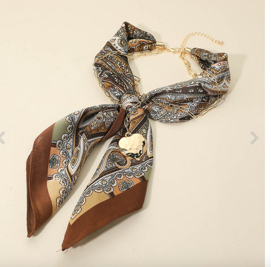 Brown Scarf Gold Heart Chain Layered Necklace