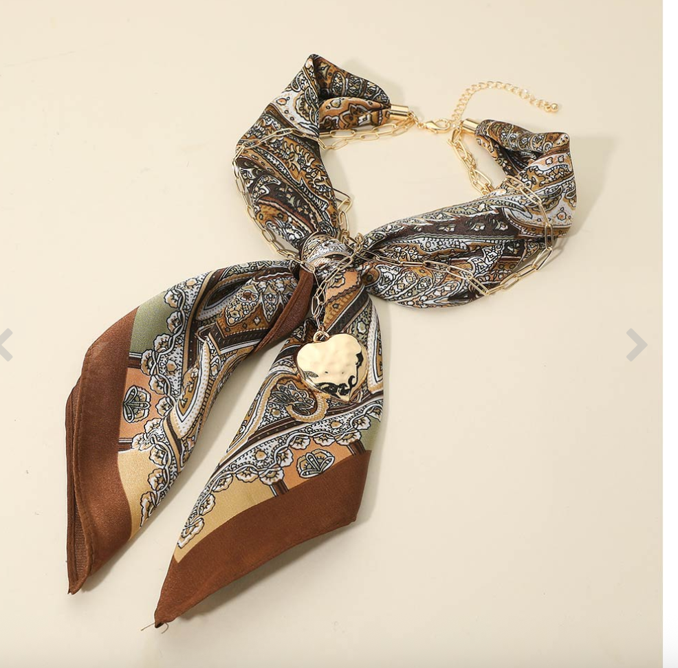 Brown Scarf Gold Heart Chain Layered Necklace