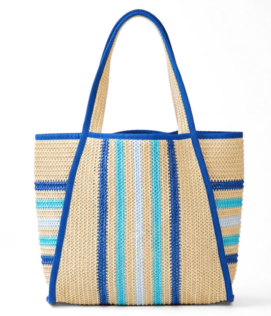 Blue Contrast Striped Straw Tote Bag