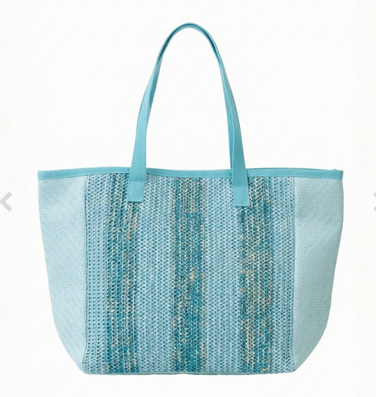 Aqua Contrast Striped Straw Tote Bag
