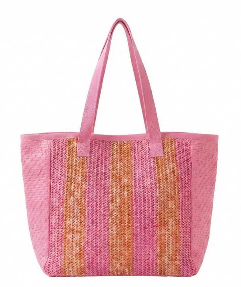 Hot Pink and Orange Contrast Striped Straw Tote Bag