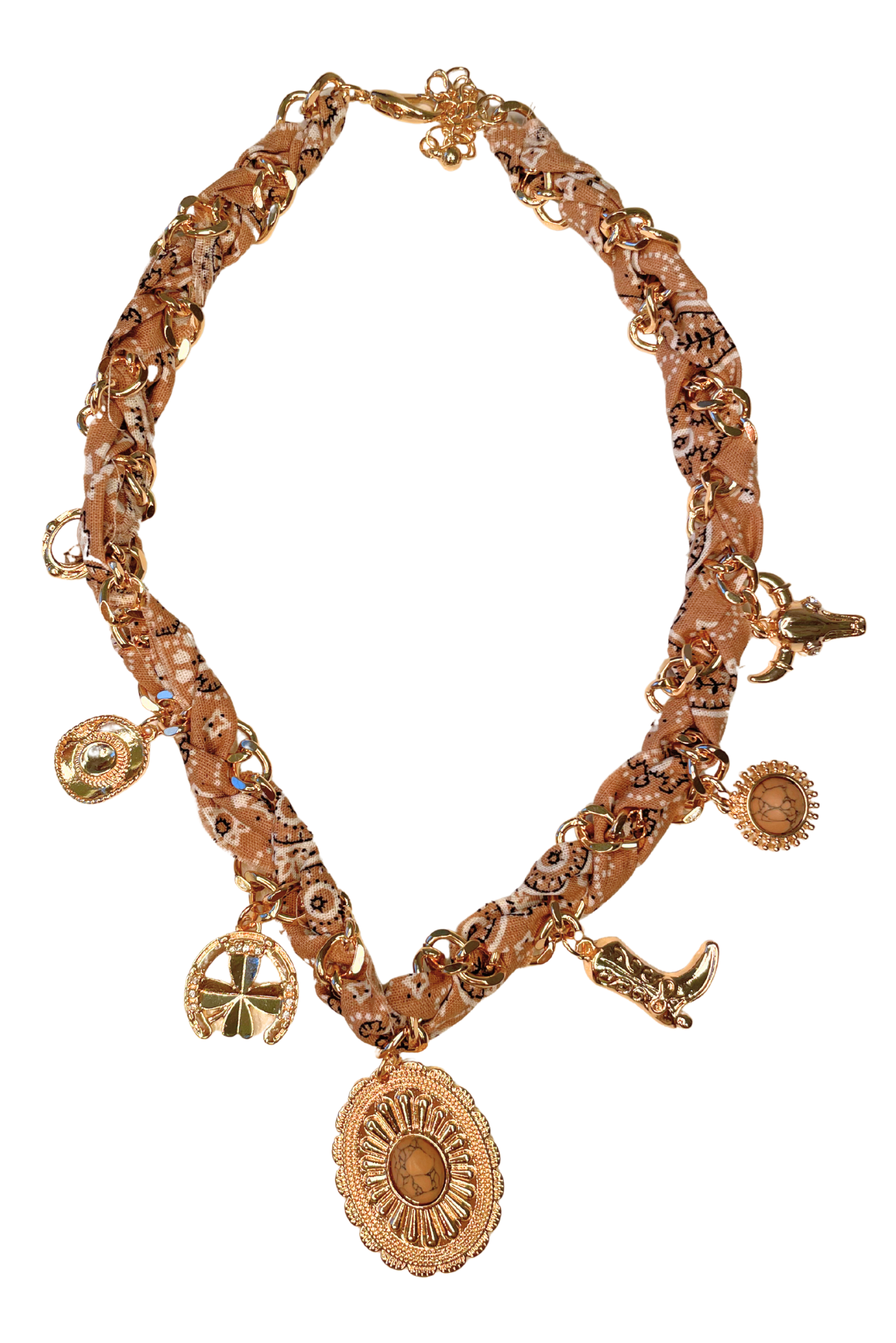 Beige Fabric Braided Charm Necklace