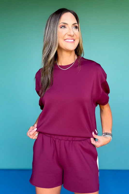 SSYS Crew Neck Scuba Inset Short Sleeve Top In Mulberry