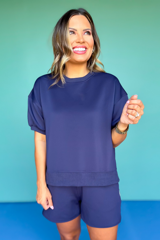 SSYS Crew Neck Scuba Inset Short Sleeve Top In Navy