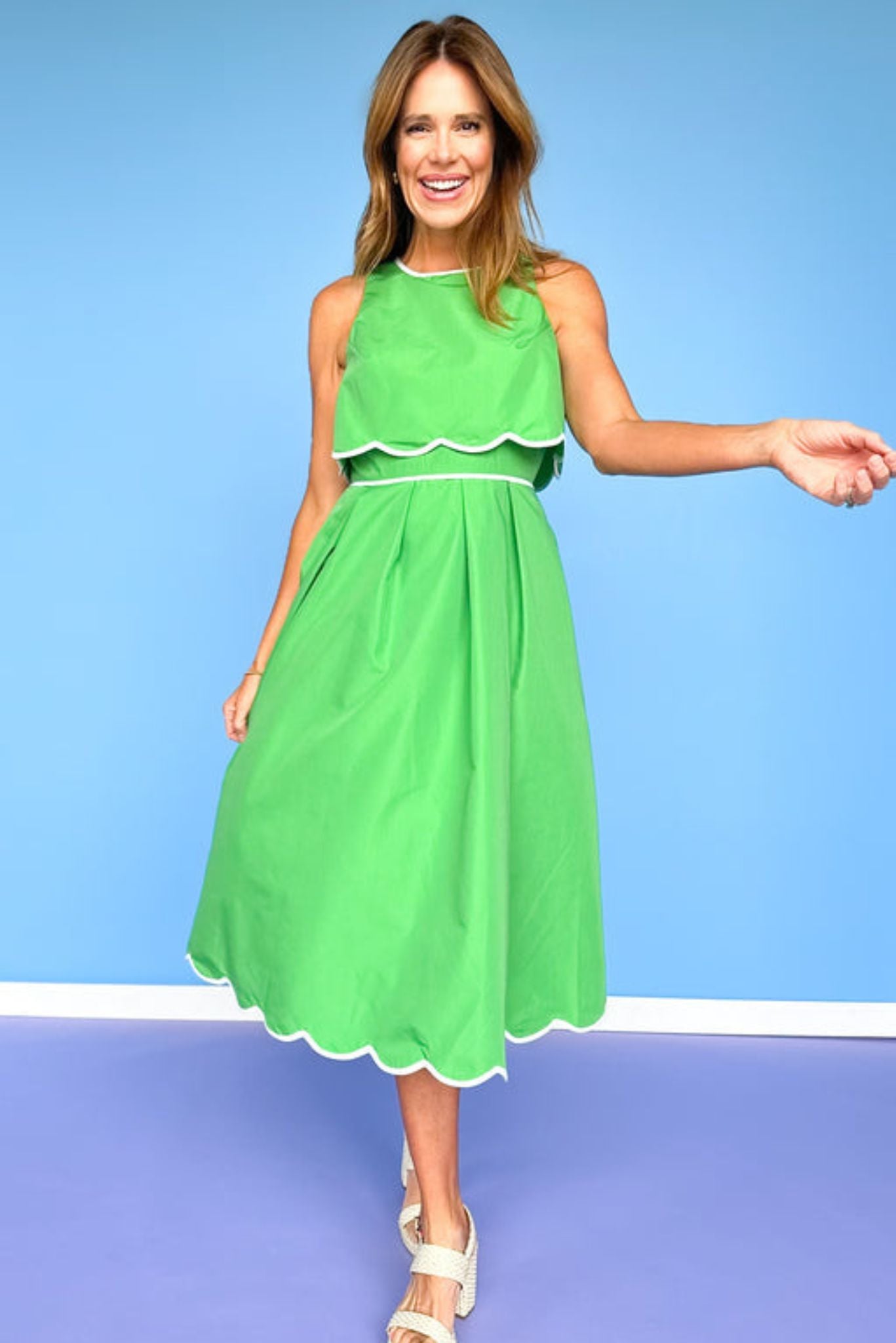 Green Scallop Embroidered Hem Midi Dress