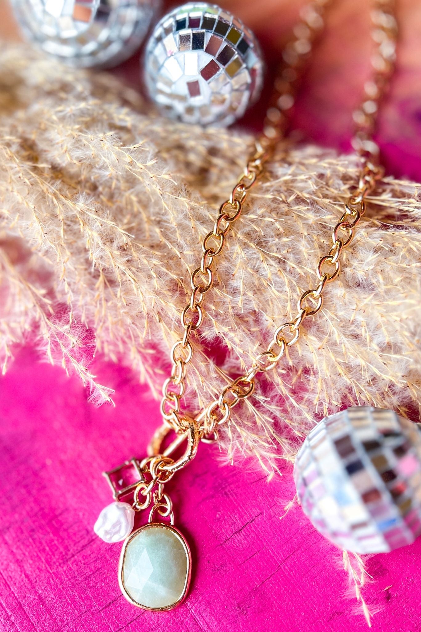 Mint Stone Charm Toggle Clasp Necklace, accessory, necklace, charm necklace, gold necklace, must have accessory, elevated accessory, summer accessory, SSYS by Mallory Fitzsimmons