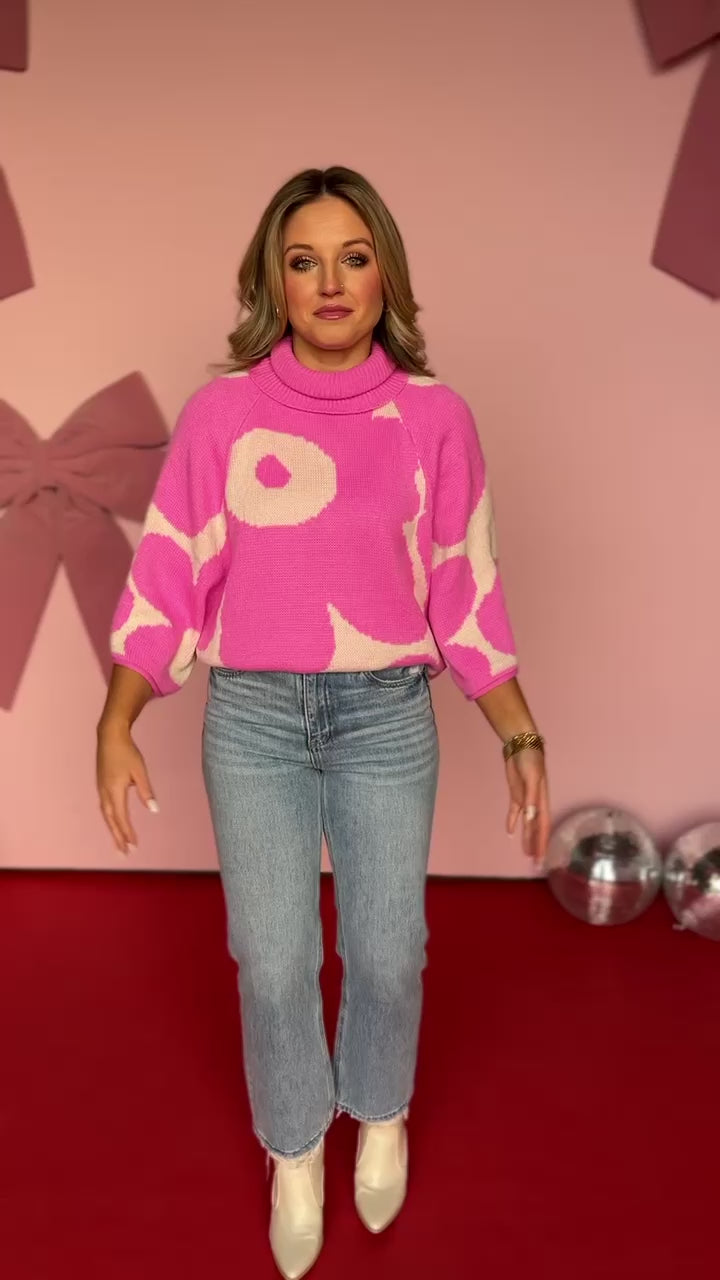 Pink Flower Print Knit Turtle Neck 3/4 Raglan Dolman Sleeve Sweater, cozy, elevated print, boutique style, mom style, easy to wear, bright color, bubblegum pink, oversized, ssys by mallory fitzsimmons.