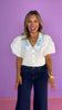 Off White Poplin Short Bubble Sleeve Embroidered Chelsea Collar Top *FINAL SALE*